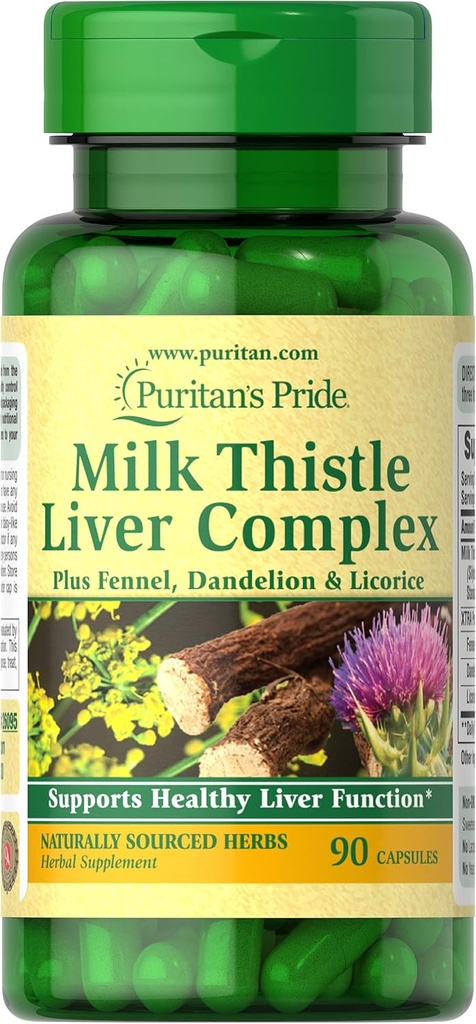 Puritan's Pride Milk Thittle Συμπλοκό ήπατος, υποστηρίζει υγιή λειτουργία του ήπατος, 90 κόμης, λευκό