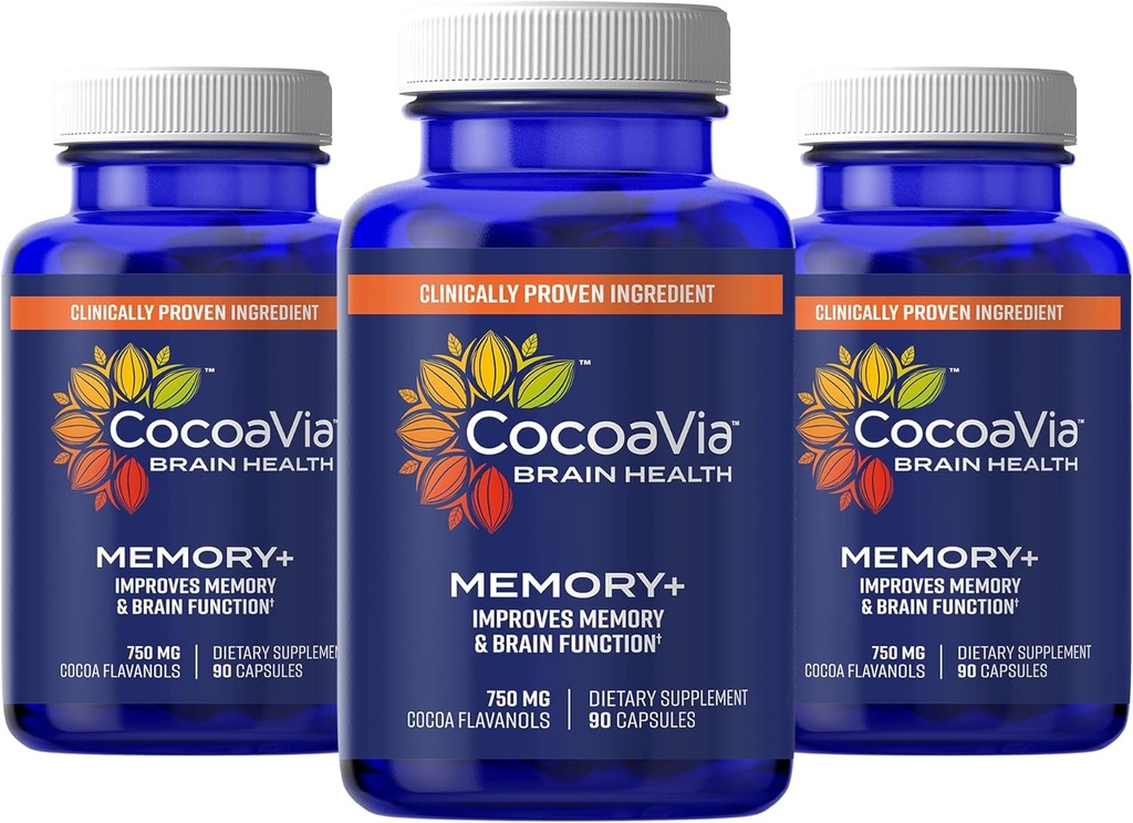 CocoaVia Memory+ Brain Supplement, 90 Day, 750 mg Cocoa Flavanols, Memory & Brain ATM, Vegan, Plantive, Gluten Free, 270 Capsules
