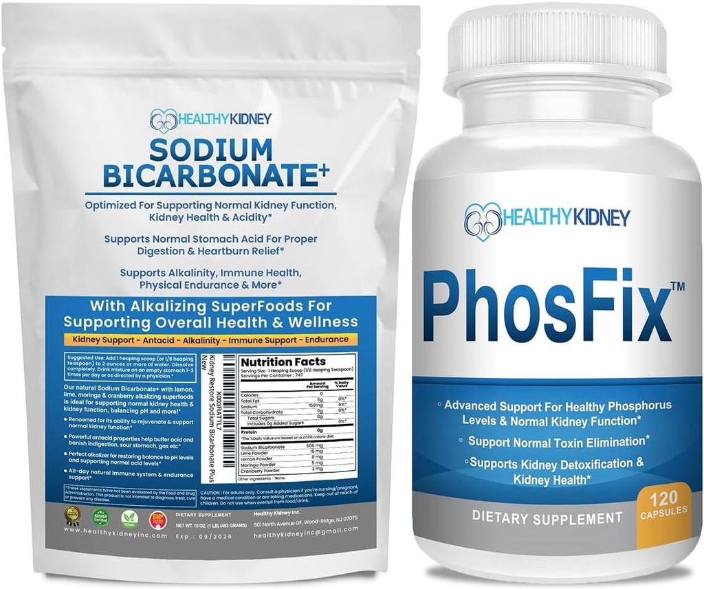 Organik sodyum Bikarbonat alkalin Supplement Sche 2LB Tozu alkalinity, Kidney & Asit Desteği + PhosFix 120 Pills Phosphorus Levels & Kidney Health Renal Support + Phosphorus Levels & Kidney Health Renal Support