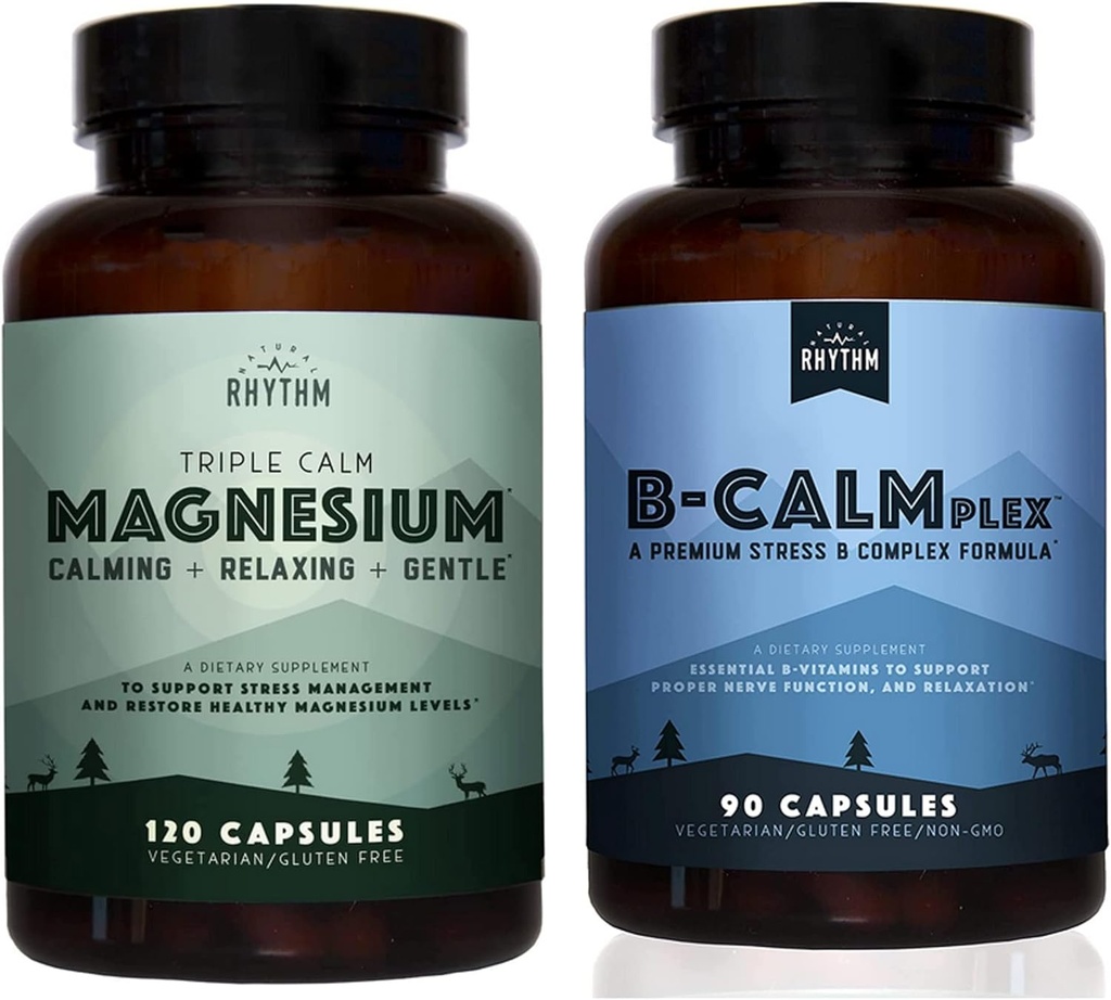 Doğal Rhythm Calm Sche - Triple Calm Magnezyum 150 mg, 120 Capsules + B-CALMplex, Benzersiz Vitamin Biç, 90 Capsules