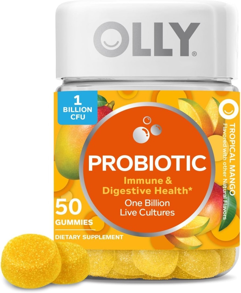 OLLY Probiotic Gummy, Immune and Digestive Support, 1 δισεκατομμύρια CFUs, Chewable Probiotic Supplement, Mango, 25 ημέρες προσφοράς - 50 Count