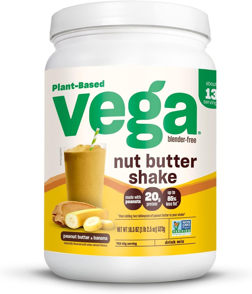 Vega Nut Butter Shake, Peanut Butter & Banana - Vegan Protein Toz, 20g Protein, Gerçek Gıda Malzemeleri, Eklenmedi, 1.39 lbs