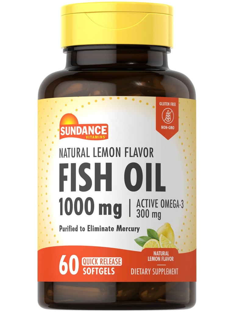 Sundance Fish Oil 1000 mg | 60 Softgels | Natural Lemon Flavor | Active Omega-3 | Non-GMO ve Gluten Free Supplement Supplement