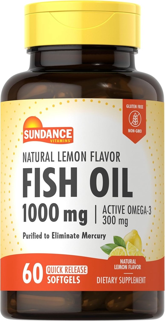 Sundance Fish Oil 1000 mg | 60 Softgels | Natural Lemon Flavor | Active Omega-3 | Non-GMO ve Gluten Free Supplement Supplement