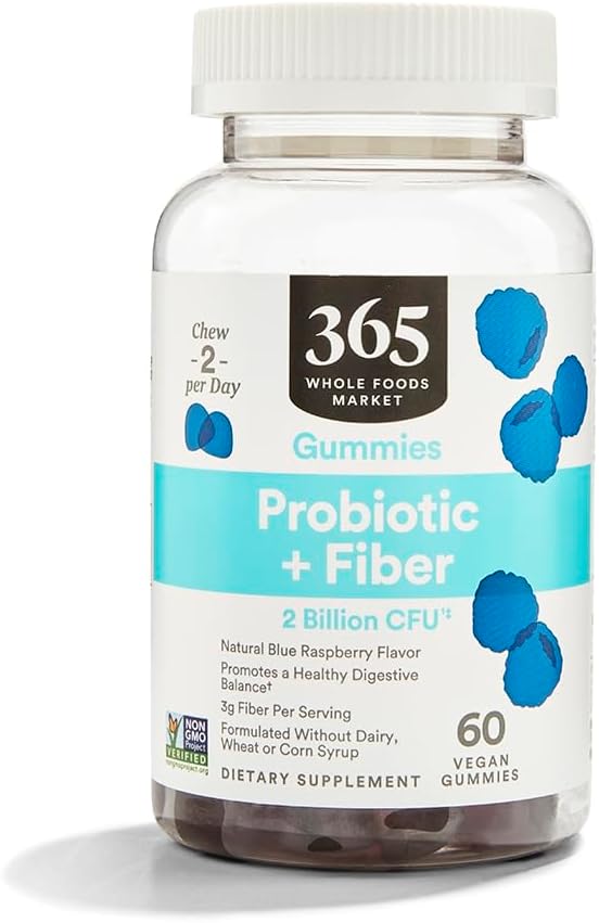 365 by Whole Foods Market, Probiotic + Fiber Gummies 2 Billion CFU, Natural Blue Raspberry Flavor, 60 ct