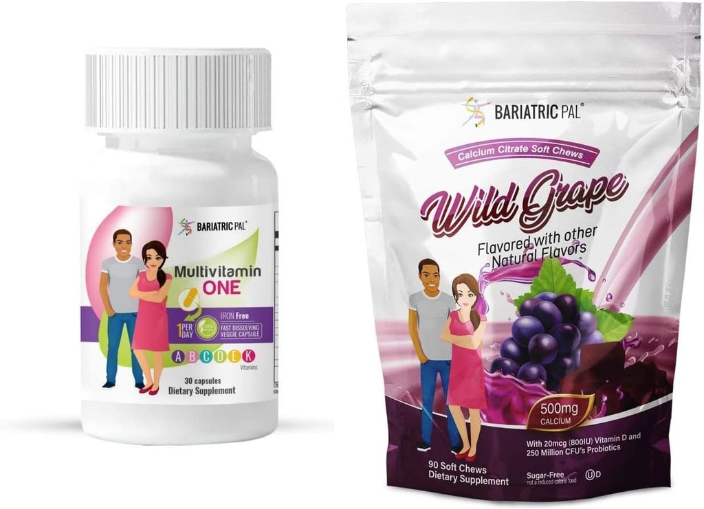 BariatricPal Duodenal Switch 30-Day Supply Vitamin Paketi (Iron-Free Capsule Food Citrate Soft Chews with Probiyotiks - Wild Grape)