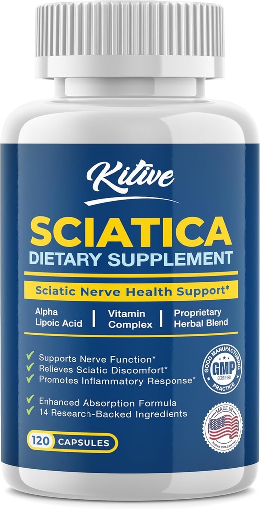Sciatic Nerve Relief: Advanced Support Supplement for Sciatica – Potent Alfa Lipoic Acid & Turmeric & Herbal Relief Malzemeler - ABD'de 120 Capsules (120 Kont)