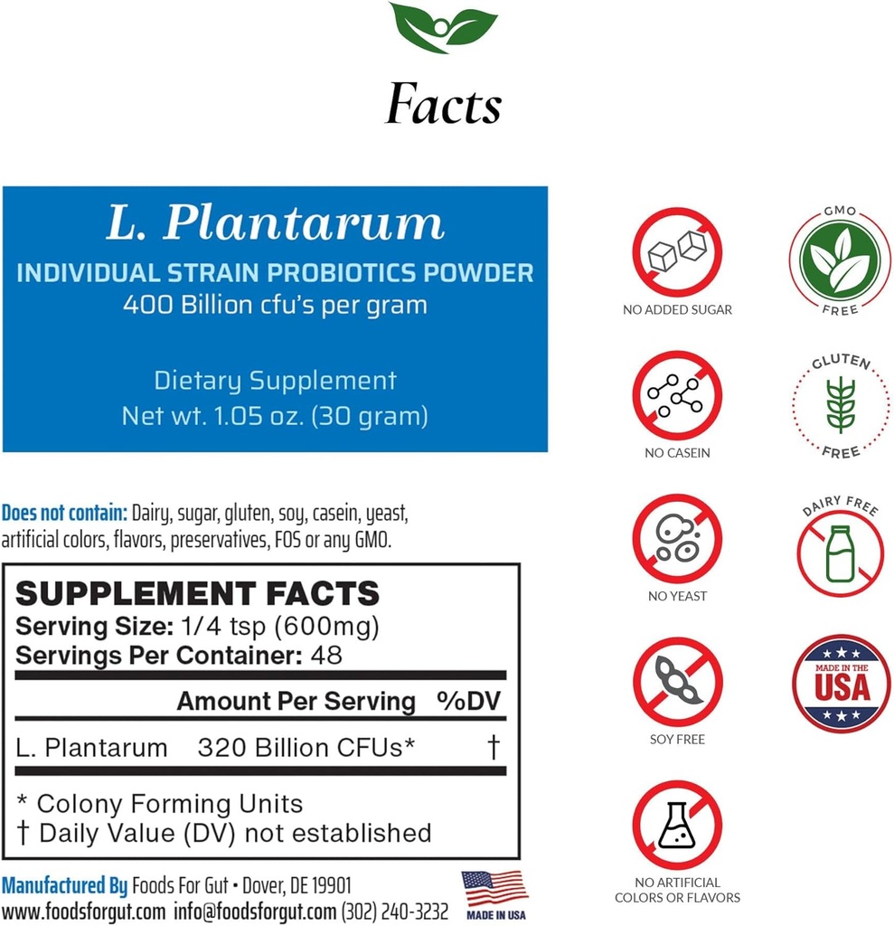 Gıdalar Gut Lactobacillus Plantarum Probiyotik Toz 400 Milyar cfu'nun | ABD'de Yapılan | Hiçbir Katkı | Üreticiden Doğrudan | Üçüncü Tarafsız Depolama | Immune Support | 30 Grams (1.05 Oz)