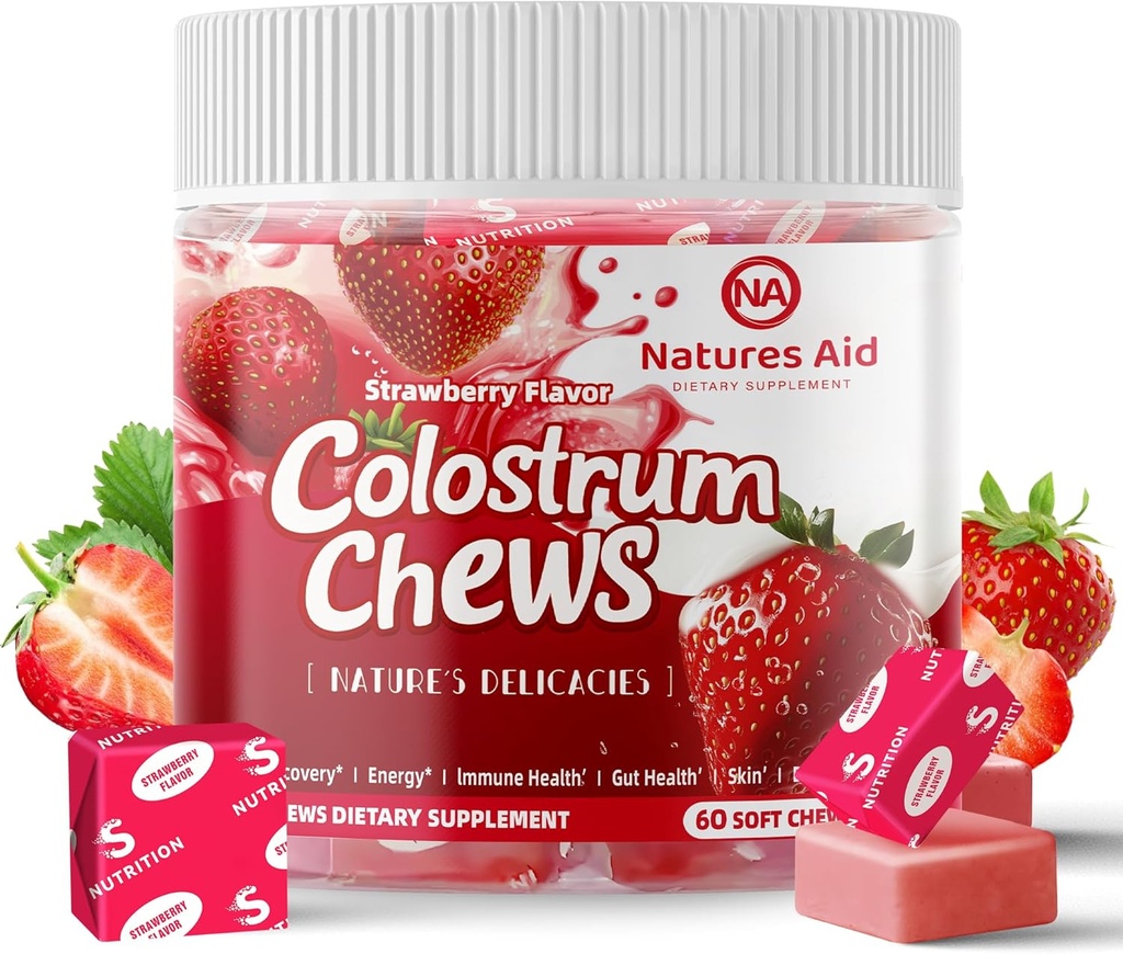 Colostrum Chews Supplement with probiyotiks for Gut Health, Bloating, Immune Support, Skin, Saç Büyüme ve Güzellik - Strawberry Flavor (60 Hizmet)