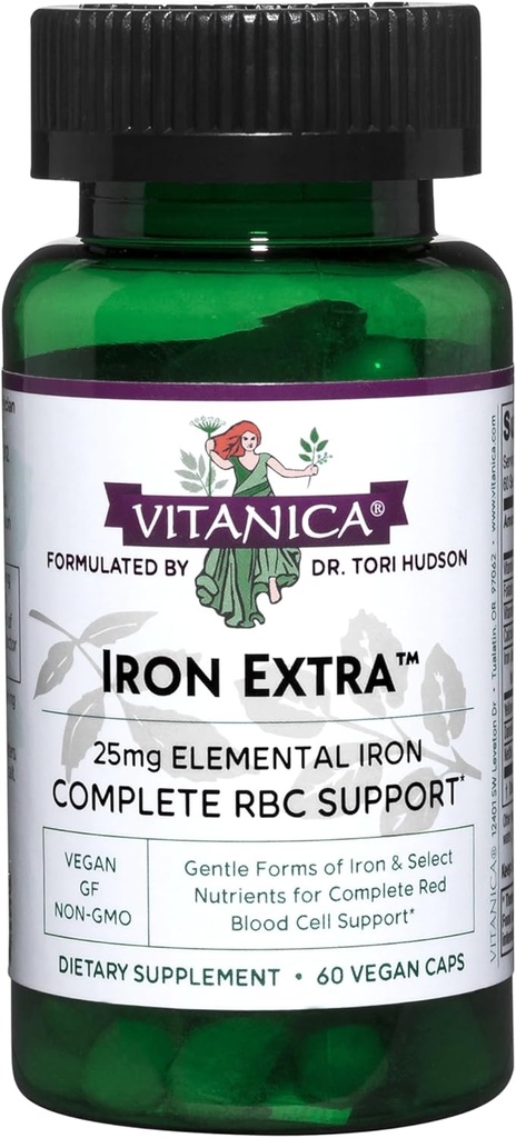 Vitanica Iron Ekstra, Iron Supplement Vitamin C 500 mg, Metilfolate 400 Telefon, B12 Vitamin 500, Kalsiyum, Sarı Dock, Dandelion Root & Nettle Leaf, Vegan, 60 Capsules