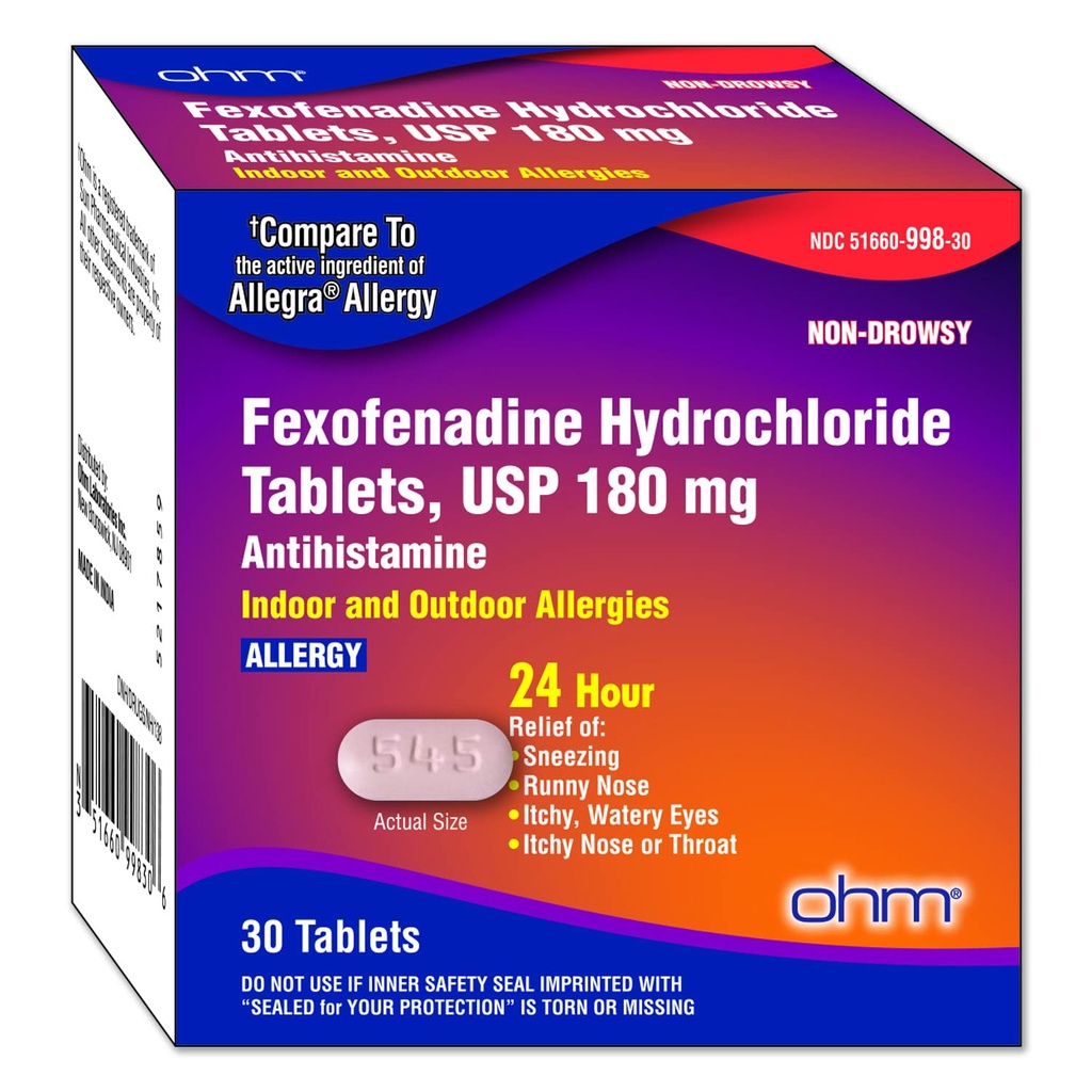 Ohm Non-Drowsy Fexofenadine Antihistamine Indoor Outdoor Allergy Relief Tablets 30ct