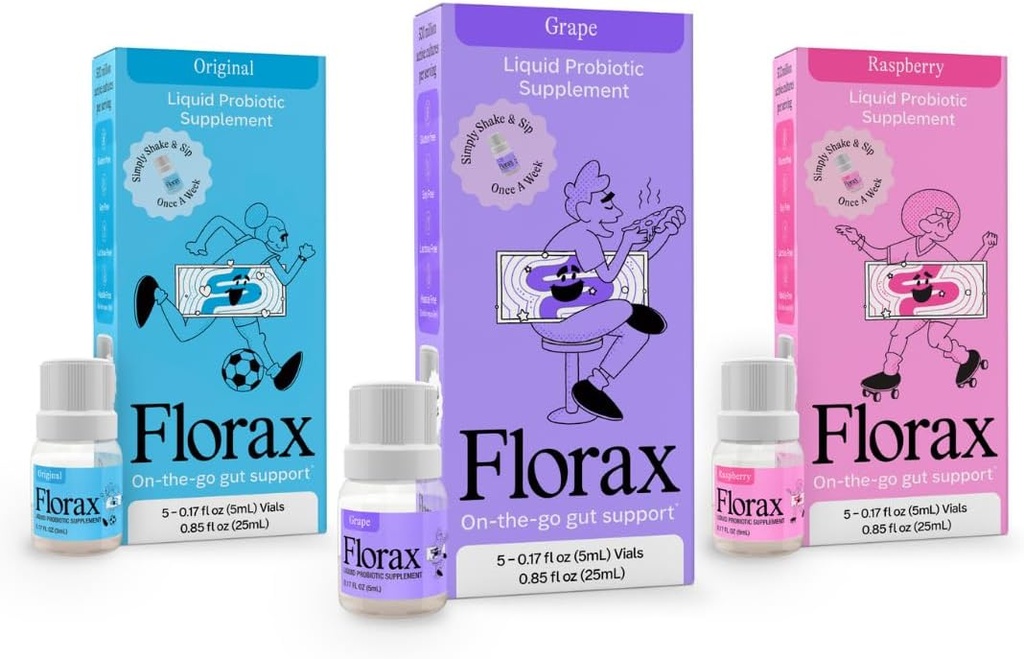 Florax - Υγρό Προβιοτικό - On- The-Go Gut Υποστήριξη για γυναίκες, άνδρες και παιδιά - Δέσμη Γεύσης - 3 Κουτιά με 5 φιαλίδια Το καθένα