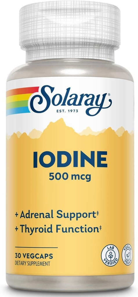 Solaray Iodine 500 mcg | May Help Support Healthy Thyroid Function, Metabolism, Focus and Energy | Non-GMO, Vegan | 30 VegCaps | Pack of 2