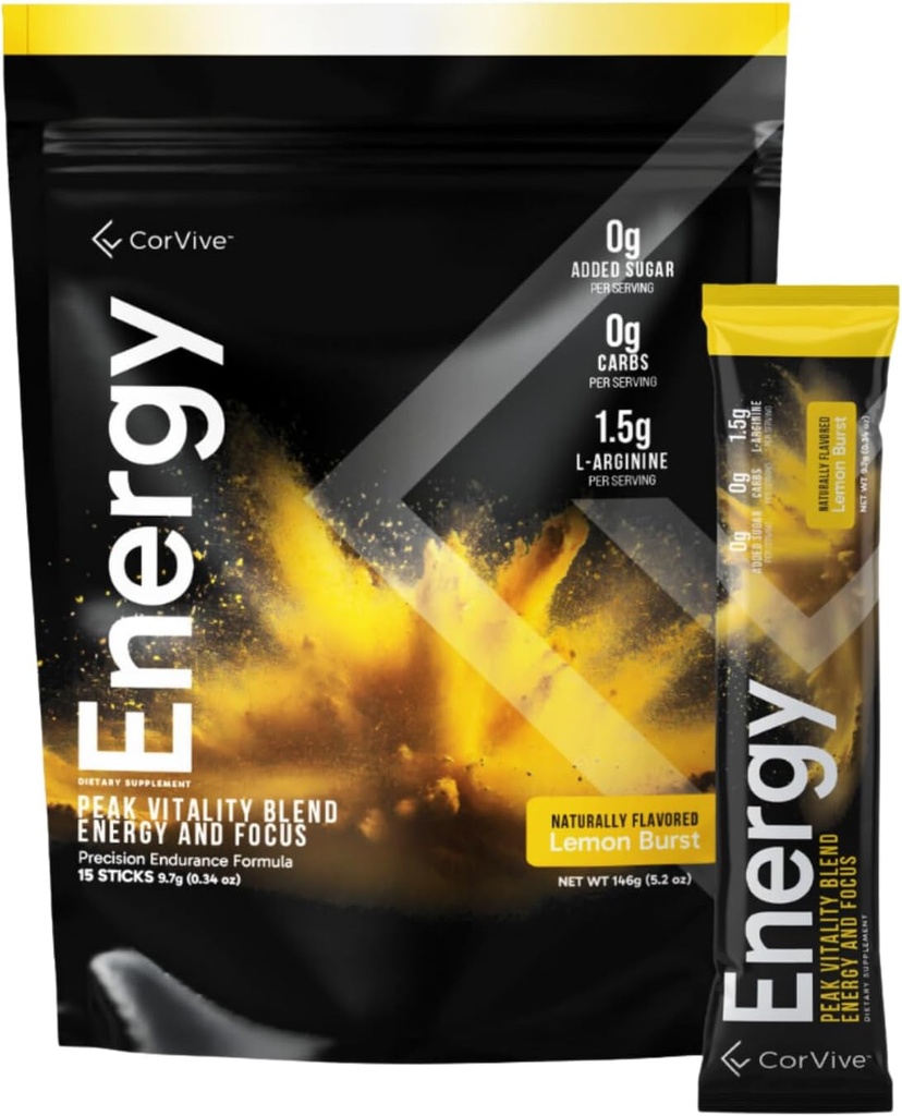 Energy | Natural Energy & Focus Supplement | with Carnosyn®, Ashwagandha, L-Arginine, Theobromine | Zero Sugar, 5 Calories, 120 mg Caffeine | 15 Stick Packs for mental & Physical Boost | Lemon Pack