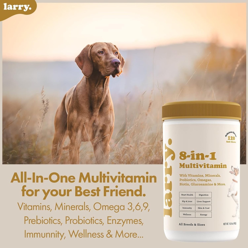 Larry 8-in-1 Multivitamin Dog | Heart, Digestion, Liver, Skin, Coat, & Common Support for Dogs | Dog Vitamins, Minerals, Omegas & Glucosamine Chondroitin | 60 Soft Chews
