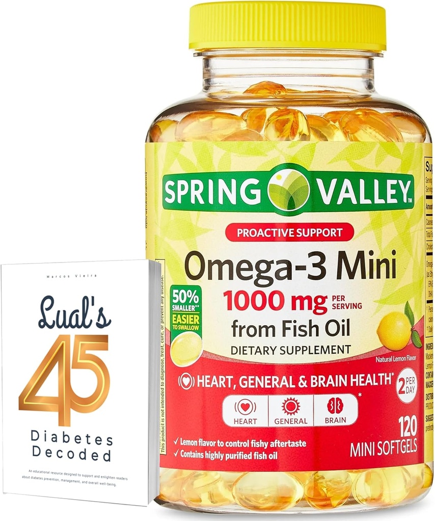 Spring Valley Omega-3 Mini from Fish Oil 1000 mg, 120 Count, Dietary Supplement, Omega 3 Mini Softgels Bundle with Luall's 45 Diabetes Decoded