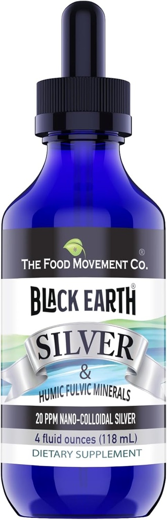 Gıda Hareketi Co. Black Earth Silver 20ppm 4 oz Dropper - Vegan Colloidal Gümüş Sıvı Humic ve Fulvic Acids ve Trace Minerals for Digestion, Immune Support ve Whole Body Health