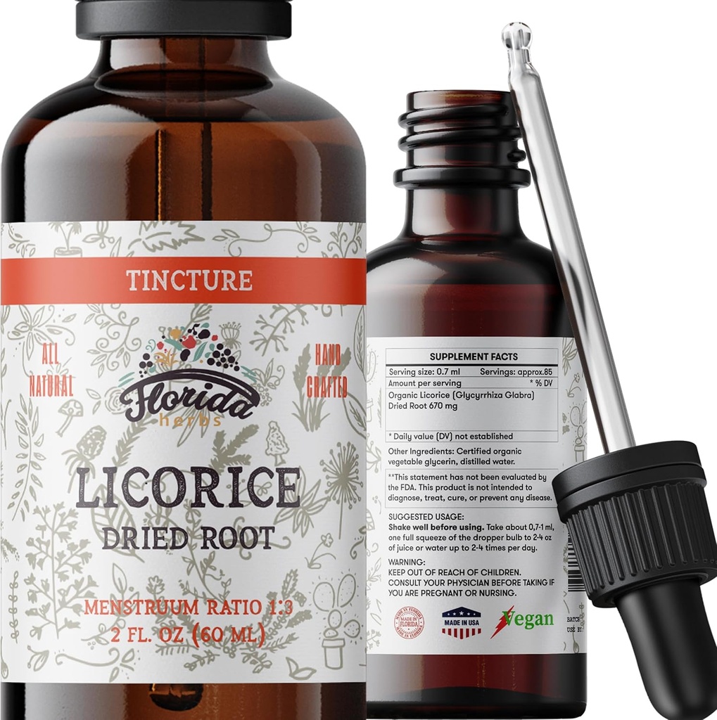 Licorice Tincture, Organik Licorice Ekstraksiyon (Glycyrrhiza Glabra) kuru Kök, Herbal Supplement, Soğuk Olarak Olmayan Organik Sebze Glycerin 2 oz, 670 mg