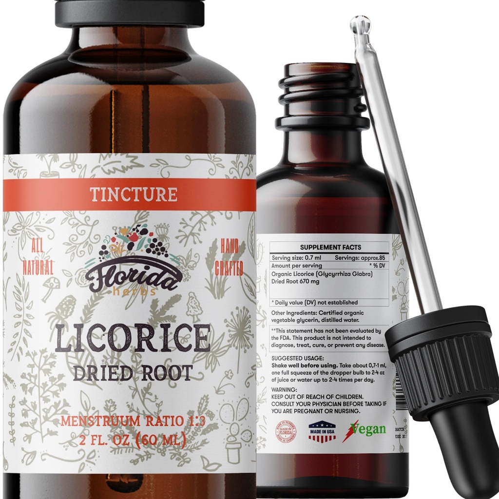 Licorice Tincture, Organik Licorice Ekstraksiyon (Glycyrrhiza Glabra) kuru Kök, Herbal Supplement, Soğuk Olarak Olmayan Organik Sebze Glycerin 2 oz, 670 mg