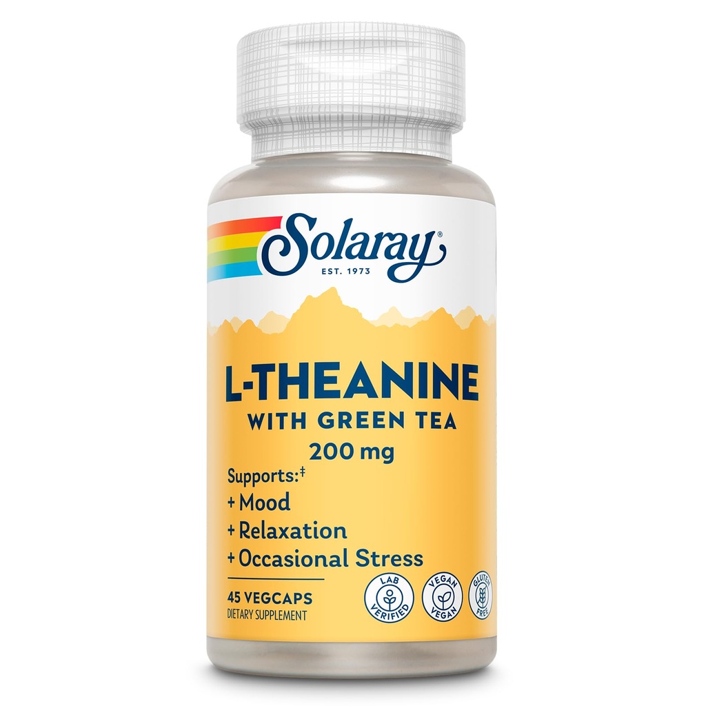 SOLARAY L-Θεανίνη 200mg με πράσινο τσάι - Υγιεινή διάθεση, χαλάρωση και περιστασιακή υποστήριξη στρες - Εργαστήριο Επαληθευμένο, Vegan, χωρίς γλουτένη - 45 Σερβιέτες, 45 VegCaps
