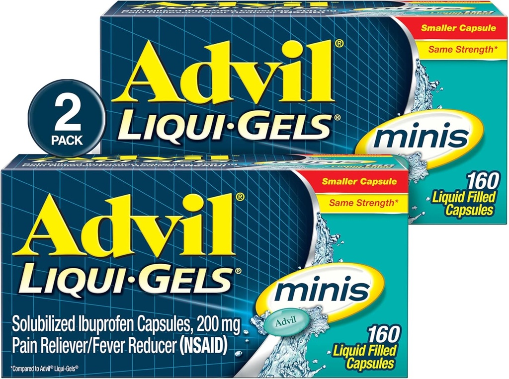 Advil Liqui-Gels minis Pain Reliever ve Ateş Tanımları, Ağrı Yardımı için Ibuprofen 200 mg for Pain Relief - 2x160 Liquid Filled Capsules