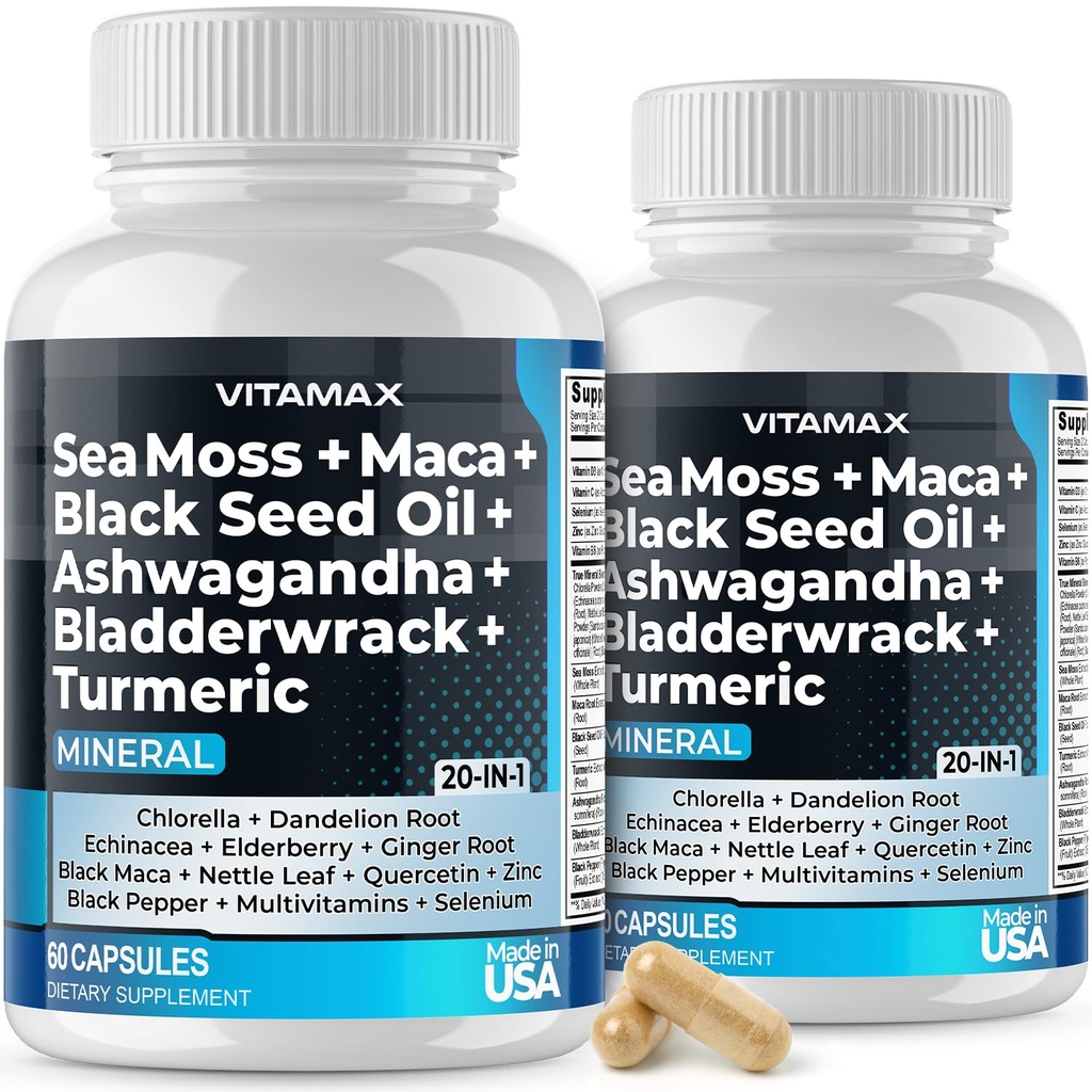 Sea Moss, Maca, Black Seed Oil, Ashwagandha, Bladderwrack, Turmeric - Yaşlılar, C & D3, Dandelion & Black Pepper - ABD'de 120.