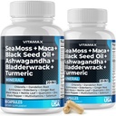 Sea Moss, Maca, Black Seed Oil, Ashwagandha, Bladderwrack, Turmeric - Yaşlılar, C & D3, Dandelion & Black Pepper - ABD'de 120.