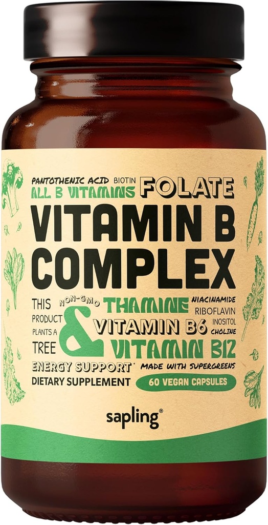 Vegan Vitamin B Kompleksi - Essential B Vitamins B1, B2, B3, B5, B6, B7, Folate, B12-60 Caps