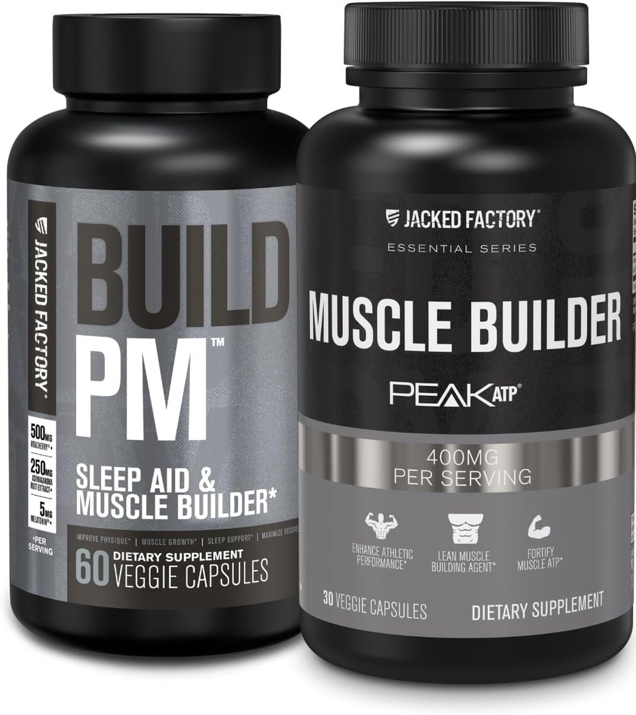 Jacked Factory Build PM Night Time Muscle Builder & Sleep Aid (60 κάψουλες) & Essentials Muscle Builder - Daily Strength Builder for Men with Peak ATP (30 κάψουλες)