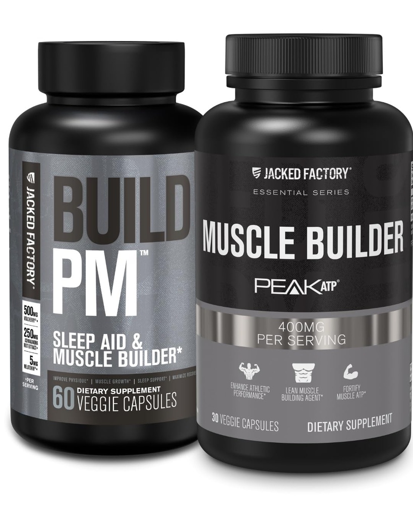 Jacked Factory PM Night Time Muscle Builder & Sleep Aid (60 Capsules) & Essentials Muscle Builder - Peak ATP (30 Capsules) ile Erkekler için Günlük Güçlü Model