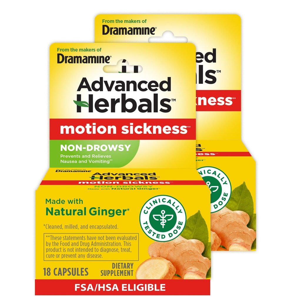 Dramamine'nin yapımcılarından Advanced Herbals, Non-Drowsy, Motion Hastaness Relief, Made with Natural Ginger, 18 Count, 2 Pack