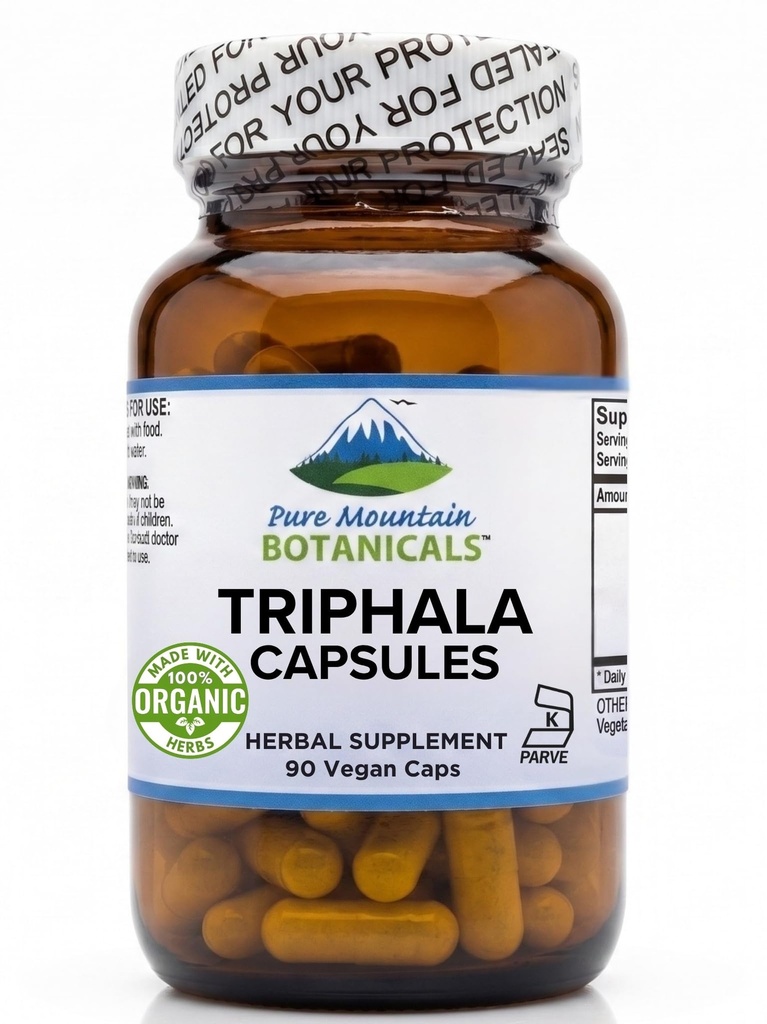 Pure Mountain Botanicals Triphala Capsules 90 Kosher Vegan Caps Now with 500mg Organik Amla Hint Meyvesi