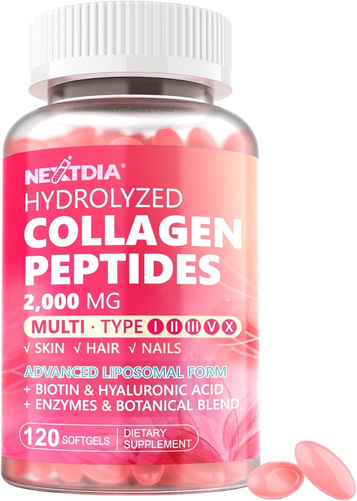 Kadınlar için Hidrolyzed Collagen Pil Pills 2000 mg Liposomal Form Tip I, II, III, V, X Optimal Abhidrasyon, Multi Collagen Softgels, Collagen Supplements with Hair, Skin & Nails 120 Cts