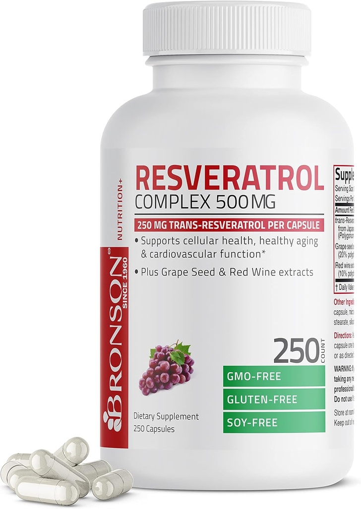 Bronson Resveratrol 500 Kompleks Trans-Resveratrol + Grape Tohum & Red Wine Extract, 250 Capsules