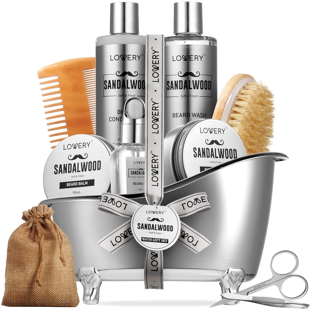 Erkekler Hediyeler, Sandalwood Beard Grooming Kit, Mens Grooming Kit for Boyfriend Dad, O, 11pc Beard Rightener for Men Beard Care, Beard growth and Trimming Gift, Beard Wash Oil & More