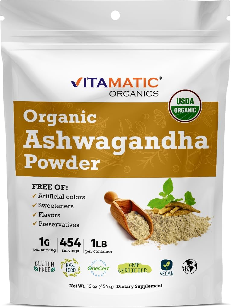 Vitamatic Sertifikalı USDA Organik Ashwagandha Toz - 1 lb (16 oz) Withania Somnifera | Ayurvedic Adaptogen for Stress Relief, Energy, Mood & Immune Support