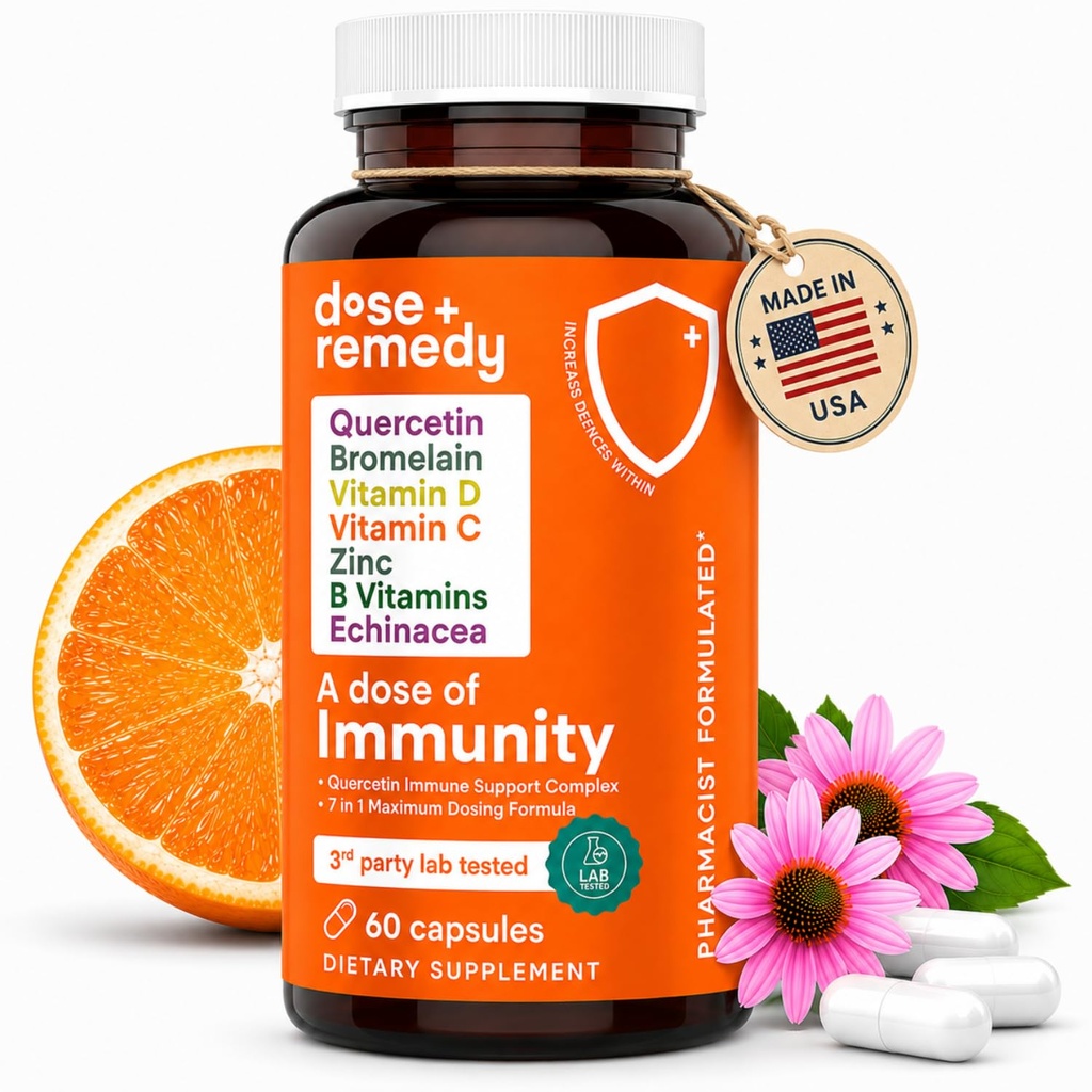 A Dose of Immunity Quercetin with Vitamin C and Çinko, Vitamin D, 500 mg Quercetin Bromelain with Echinacea & B Vitamins, Lung Immune Support Supplement 7 in Count Immunity Defense Branson (60)