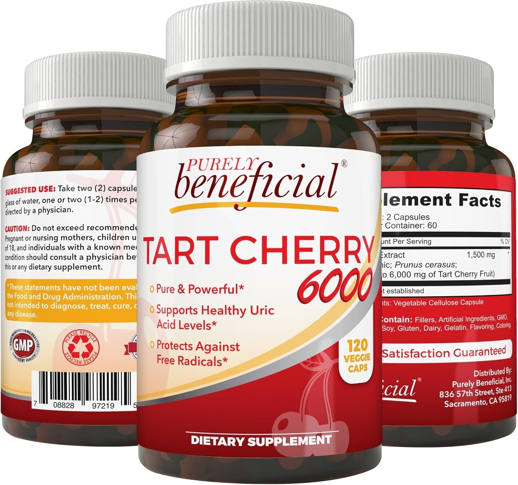 PURELY ευεργετικές κάψουλες από πίσσα κεράσι 6000 mg, Extra Strength Montmorency Tart Cherry Extra Extract, Uric Acid Flush για κοινή άνεση, αντιοξειδωτικό & ανοσοποιητική υποστήριξη, μη-GMO, Χωρίς γλουτένη, 120 Count