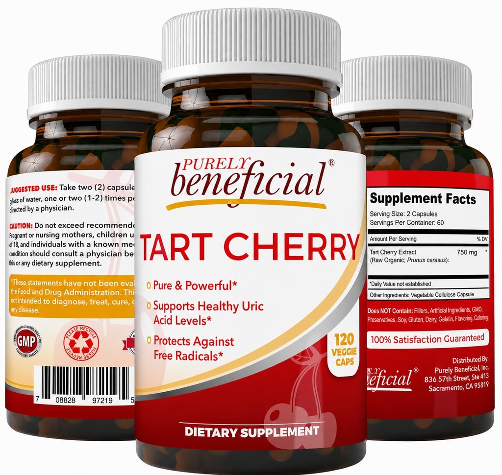 PURELY faydalı Tart Cherry Capsules 6000 mg, Ekstra Güçlü Montmorency Tart Cherry Extract, Uric Acid Flush for Common Comfort, Antioksi & Immune Support, Non-GMO, Gluten Free, 120 Kont