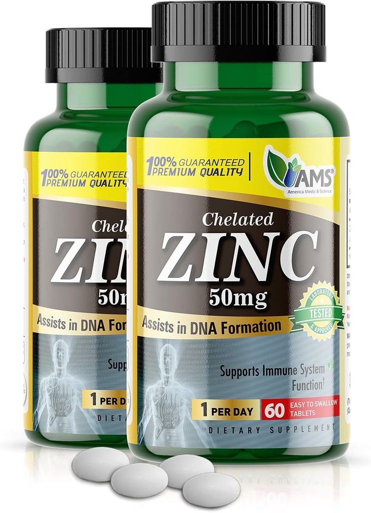 Amerika Medic & Science Chelated çinko 50 mg Supplements (2 60 Tabletlerin Paketi) Immune Branson ve Yetişkinler Erkekler ve Kadınlar için Güçlü Antioksitler | Highly Absorbable Mineral, İyiler Mood & Sleep