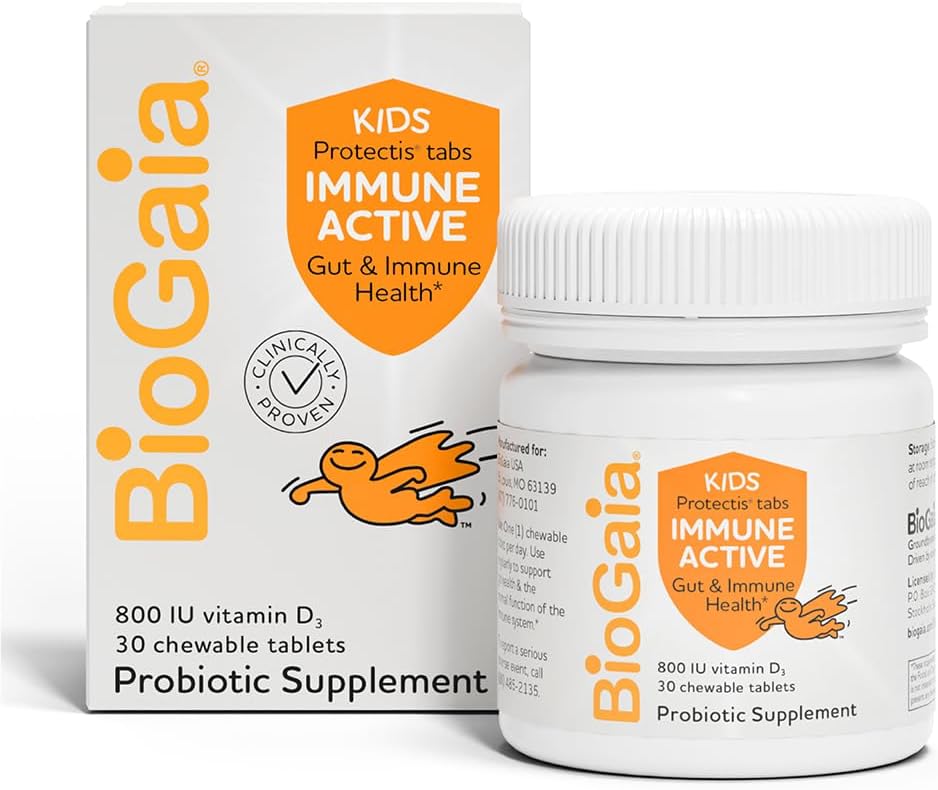 BioGaia Immune Active Kids | Probiyotik + Vitamin D | Digestive & Immune Health | Ages 3+ | Allergen, Süt, Soy & Gluten Ücretsiz | Pediatriks tarafından Güvenilir | 30 Day Supply | Orange Flavored Chewable