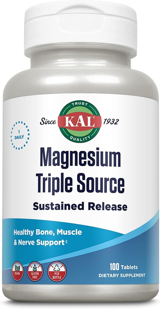 KAL Triple Source Magnezyum Kompleksi, Citrate, Malate, Oksit, Sustained Release, Bone, Muscle, Nerve Support, Vegan, Gluten Free, 60-Day Garanti, 100 Hizmet, 100 Tabs