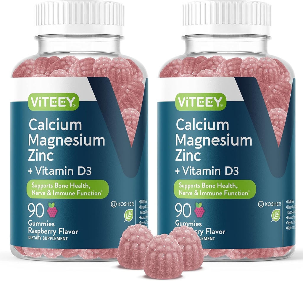D3 Vitamini ile Viteeyuba Magnezyum Çinko Gummies - Bone Health, Nerve & Immune Function - Dolce Magnezyum çinko D3 Yetişkinler ve Gençler için - GMO Free - Chewable Raspberry Flavored Gummy