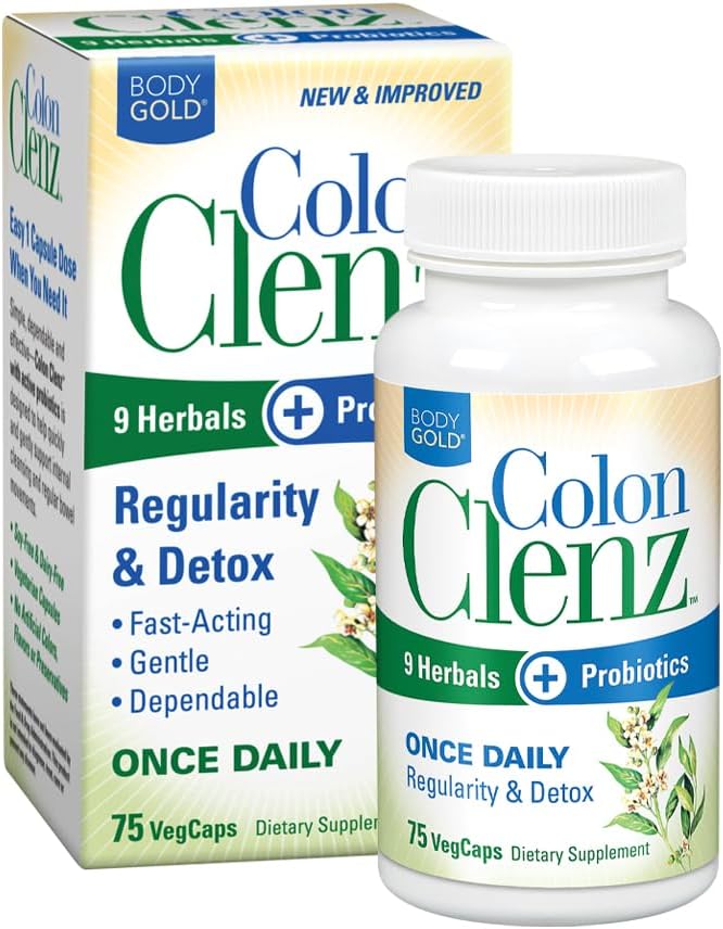 Body Gold Colon Clenz Regularity & Detox Formula | Günlük Destek 9 Herbs + Active Probiyotiks | 75 CT