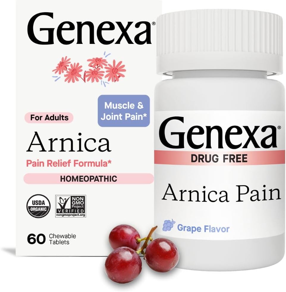 Genxa Arnica for Pain Relief | Alleviate Kas & Ortak Ağrı, Soreness & Stiffness | Bruises & Swelling | Organik Grape Flavor | Homeopathic Remedy Made Clean | 100 Chewable Tabletler