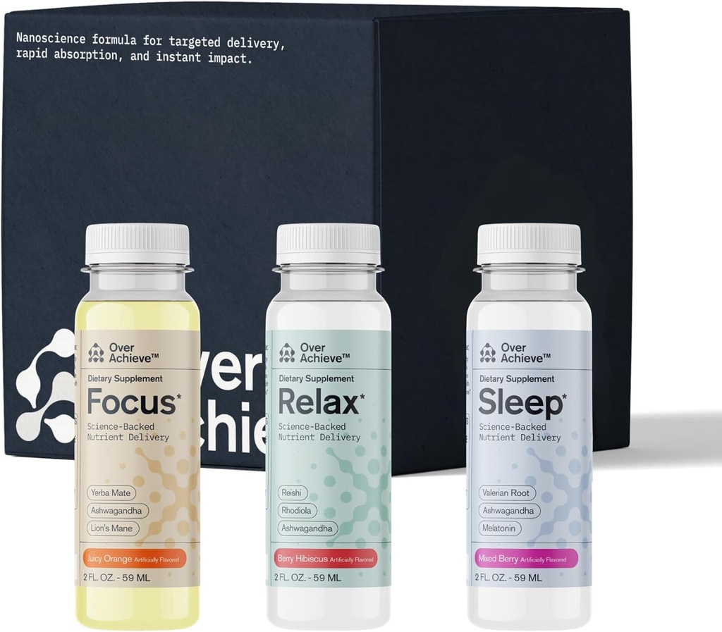 Συμπλήρωμα Variety Pack με προηγμένη Nanoscience Technology, 12 Pack, άγχος ηρεμώντας Relax Drink, Sleep Aid Drink, Nootropic Brain Supplement Focus Drink, 2 oz Shot