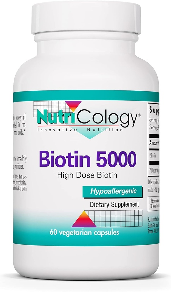 Nutricology Biotin 5000 συμπλήρωμα - 5000mcg Βιοτίνη, Βιταμίνες για τα μαλλιά, το δέρμα και τα νύχια, υψηλή δόση, κάψουλες χορτοφάγων, Hypoallergenic, Gluten Free - 60 Count