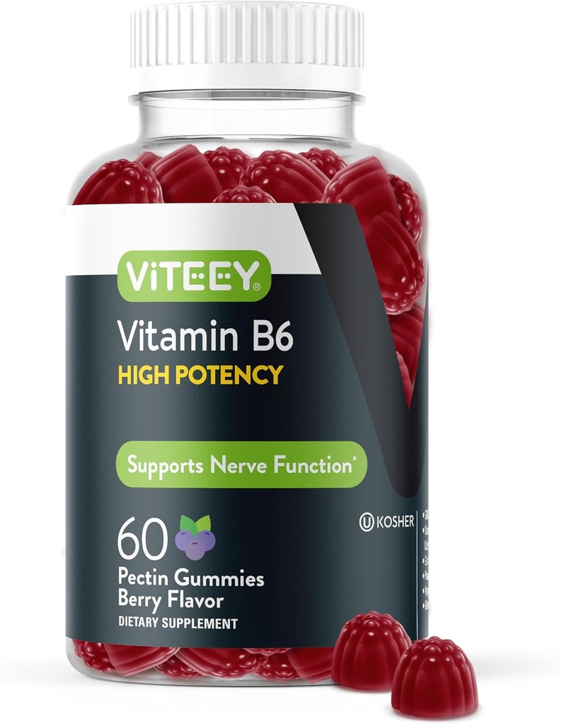 Viteey Vitamin B6 Gummies - Enerji, Nerve & Mood Destek - B6 Vitamin 100 mg - Vegan, Gluten Free, GMO Free - 60 Count Count Count Count Count
