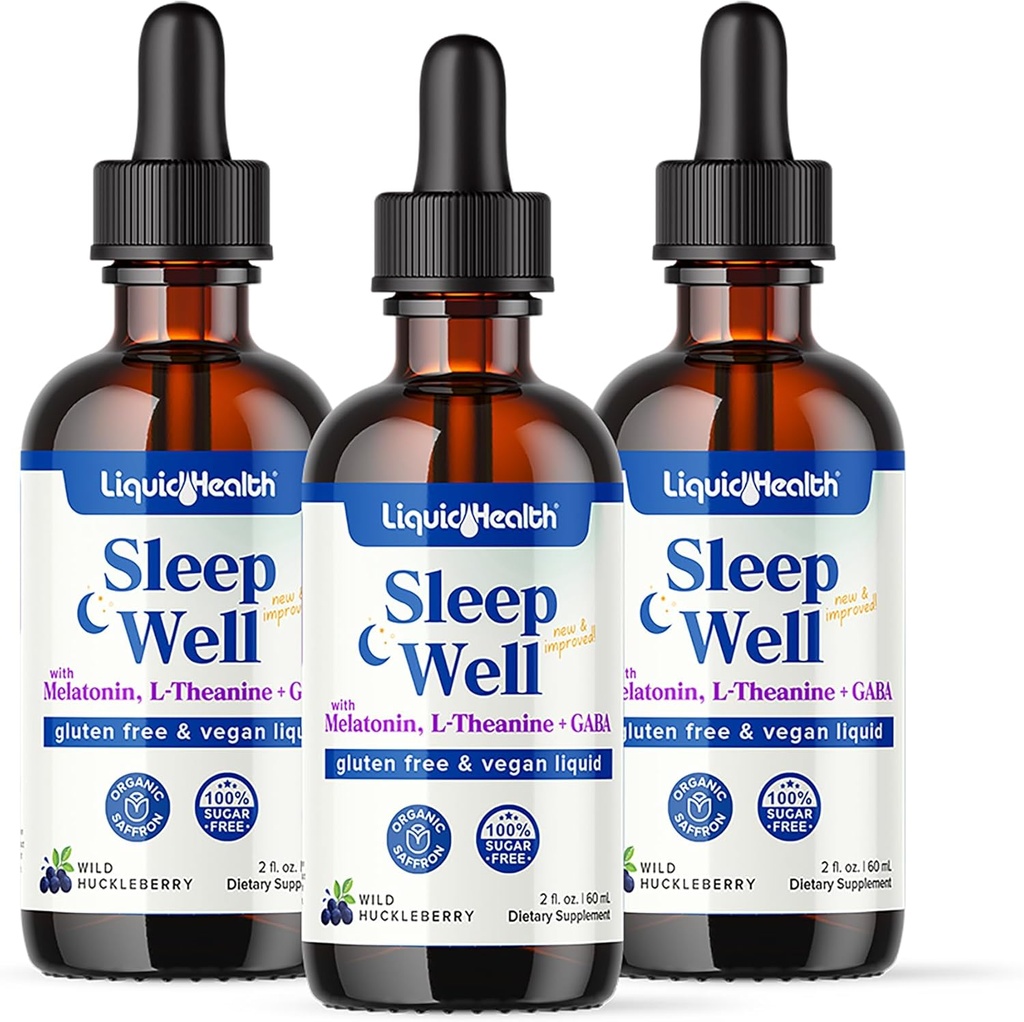 LIQUIDHEALTH Sleep Well Natural Sleep Aid Melatonin Drops - Better Sleep & Mood, Relax & Calm Mind, Fall Asleep Faster Stay Asleep Longer - USA, Vegan, Sugar Free, Drug Free, Non-GMO (3 Pack)