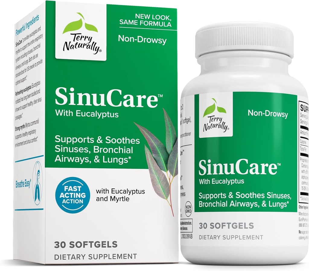 Terry Naturally SinuCare - 320 mg Eucalyptus & Myrtle Oil Complex, 30 Softgels - Sinus, Lung & Bronchial Support Supplement, Non-Drowsy - Non-GMO, Gluten-Free - 15 Servings